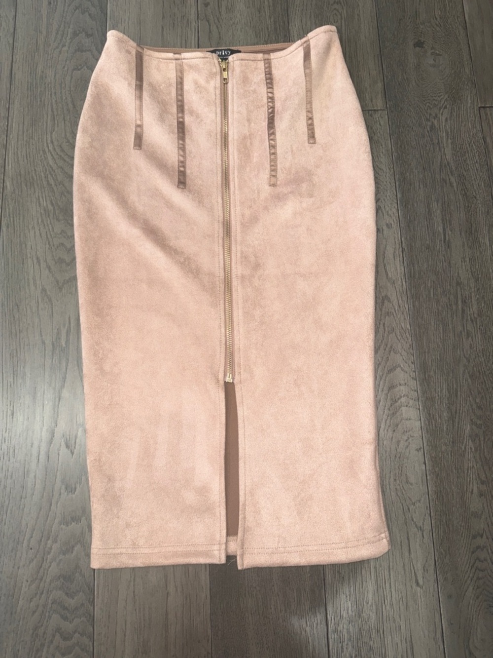 Privy Suede-Feel tan Pencil Skirt with Front Zip and slit